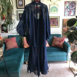 CATHERINES size 30W Navy Blue Beaded Georgette Maxi Dress & Jacket 2 Pc NWT